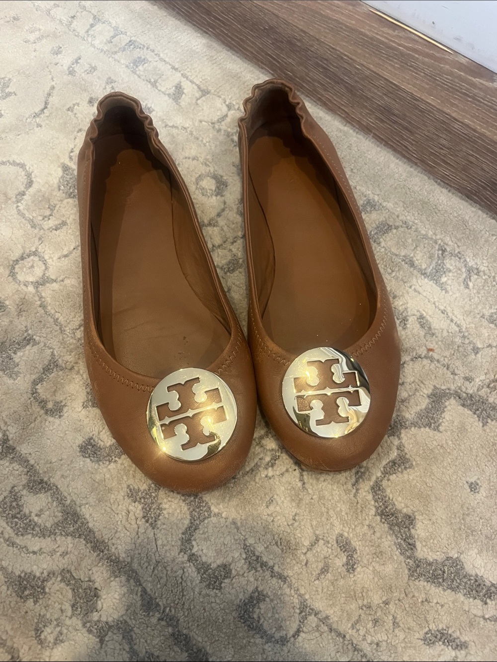 Tory Burch Chestnut Leather Logo Ballet Flats with Gold Emblem